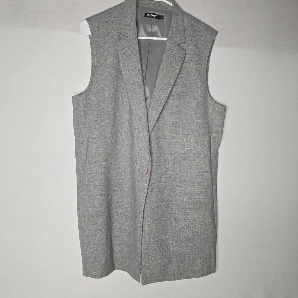 DKNY Grey Womens Sleeveless Lapel Vest Size Large Wool Single Button Closure